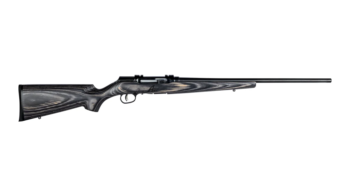 Savage A17 Sporter in gray laminate, right side view showing the AccuTrigger and rotary magazine