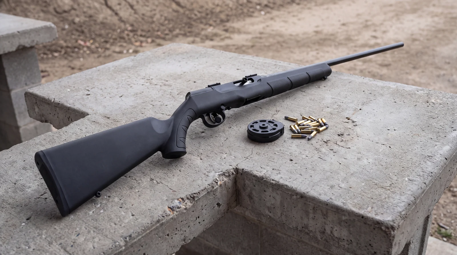 Savage A22 rifle on a concrete shooting bench with its rotary magazine and rimfire cartridges under flat overcast light