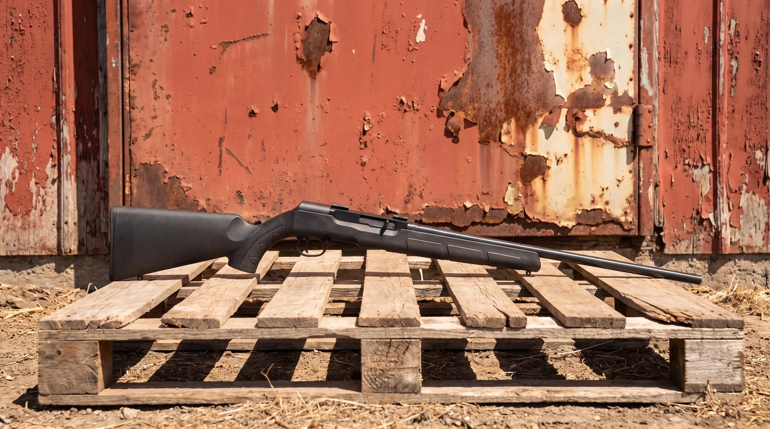 Savage A22 on a weathered wooden pallet in front of a rusty red painted steel shed door with peeling paint