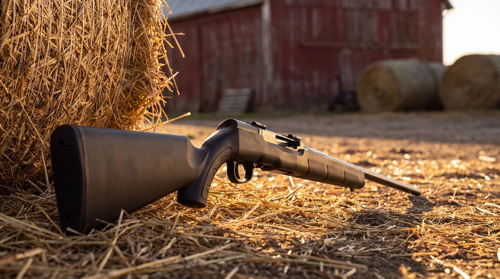 Savage A22 semi automatic .22 rifle leaning against a round straw bale in a farmyard at golden hour
