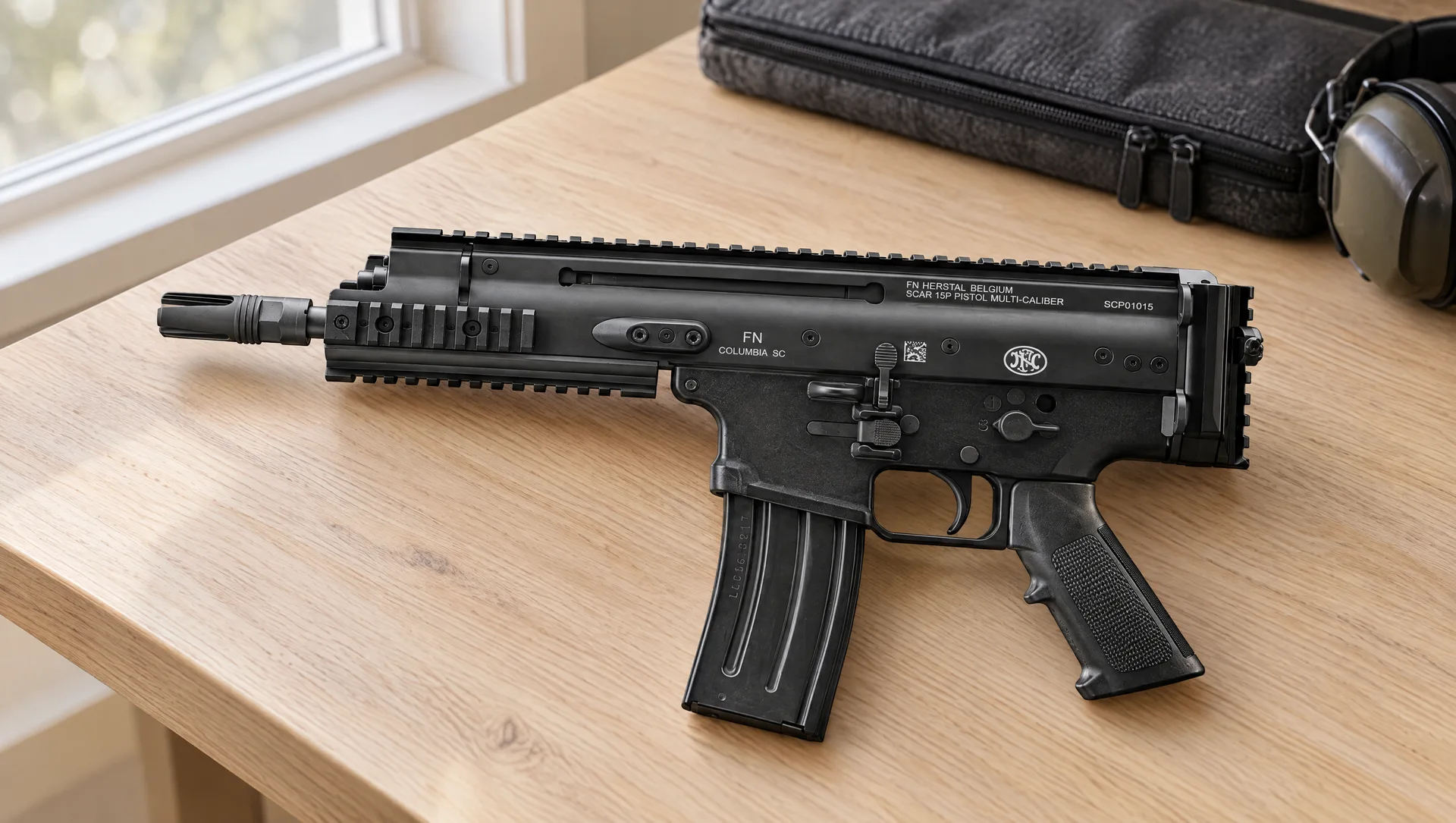 Black FN SCAR 15P pistol on a pale oak table beside its zippered soft case