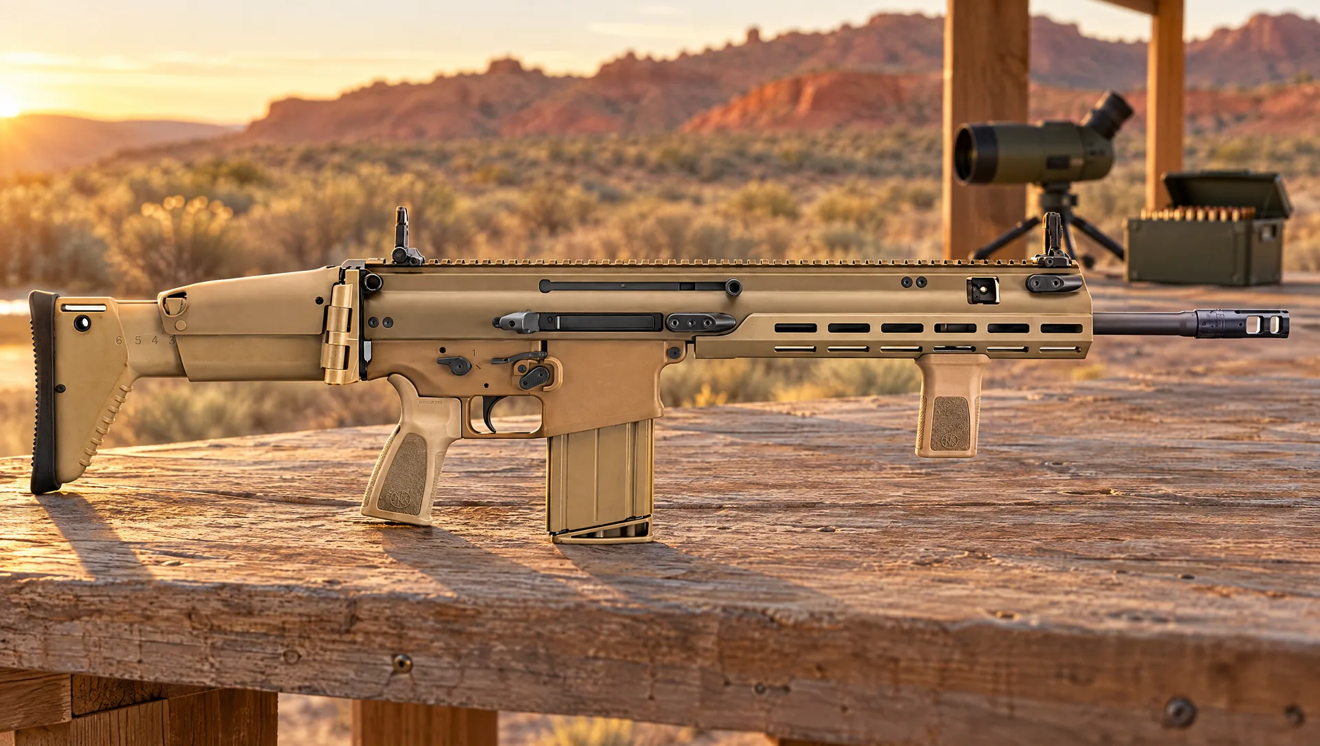 FN SCAR 17S next generation rifle in flat dark earth on a wooden shooting bench at a high-desert range at golden hour