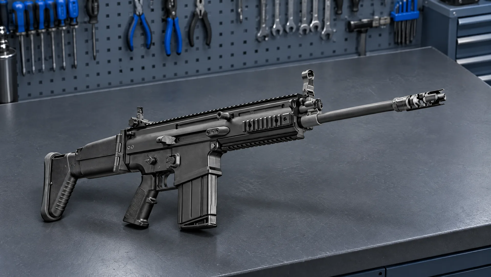 Black FN SCAR 17S NRCH rifle on a grey steel gunsmith workbench with a tool pegboard behind