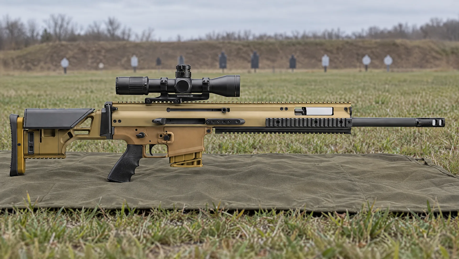 FN SCAR 20S in flat dark earth with a riflescope on a canvas shooting mat at a long-range line on an overcast day