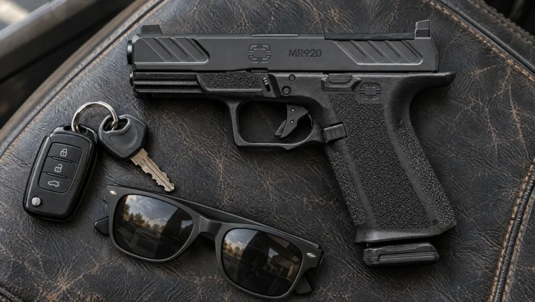 Shadow Systems MR920 LE 9mm compact pistol with angled pocket-cut slide serrations lying on a black leather truck seat beside car keys and sunglasses