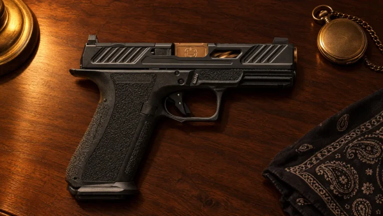 Shadow Systems XR920 Elite 9mm pistol with a bronze barrel showing through the slide window, lying on a dark walnut desk beside a brass pocket watch in warm lamp light