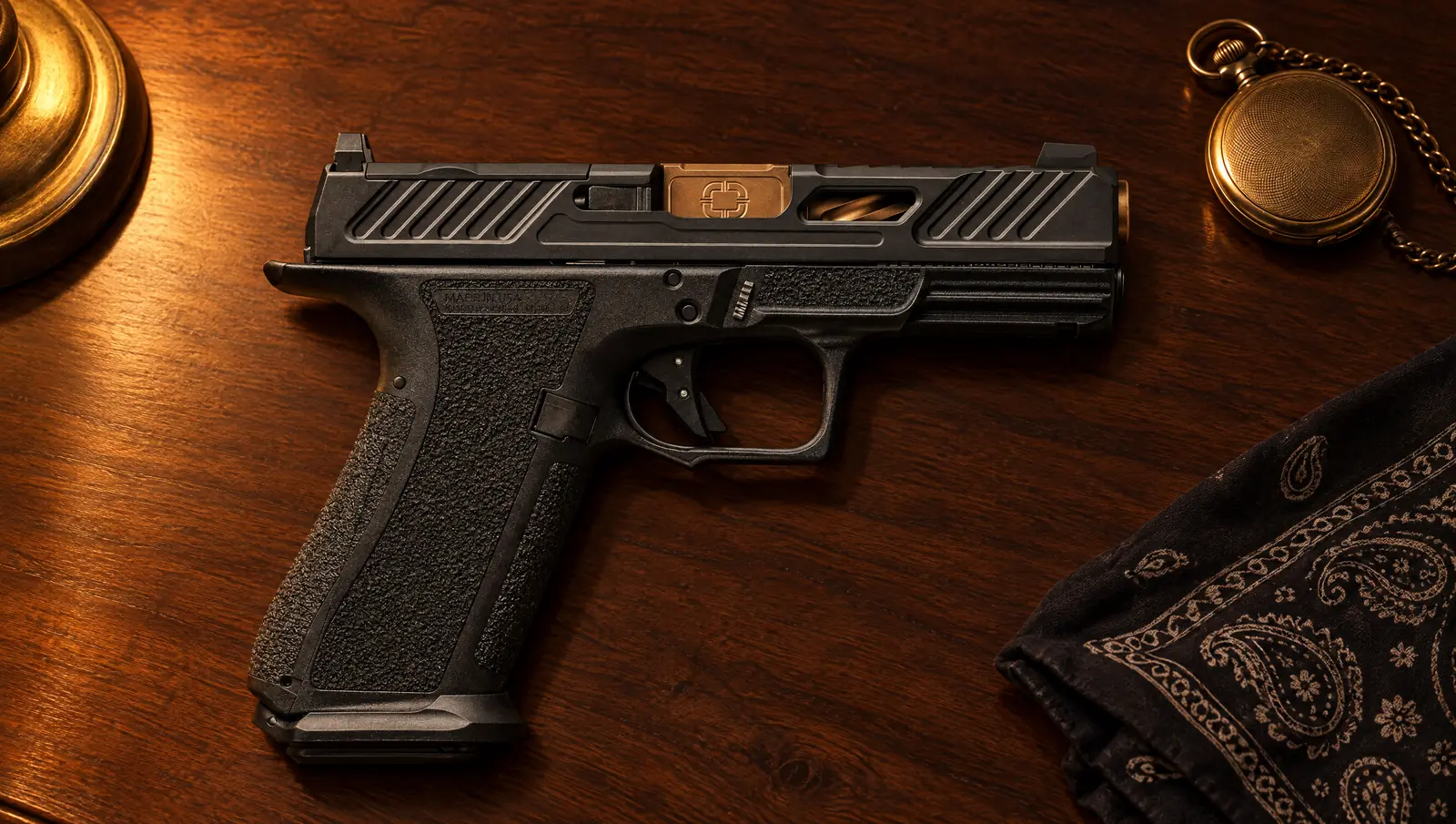 Shadow Systems XR920 Elite 9mm pistol with a bronze barrel showing through the slide window, lying on a dark walnut desk beside a brass pocket watch in warm lamp light