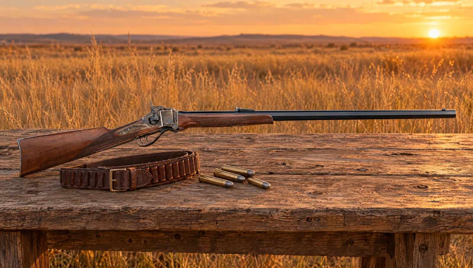 Pedersoli 1874 Sharps Sporting single-shot rifle with a long octagon barrel and color case hardened receiver lying on a weathered bench on the prairie at sunset beside a leather cartridge belt and .45-70 cartridges