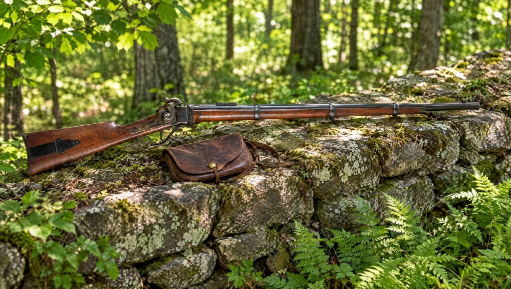 Sharps Model 1859 breech-loading rifle on a fieldstone wall in a summer forest