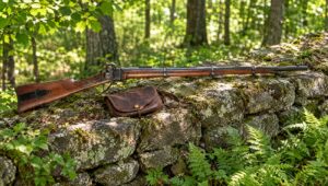 Sharps Model 1859 breech-loading rifle on a fieldstone wall in a summer forest