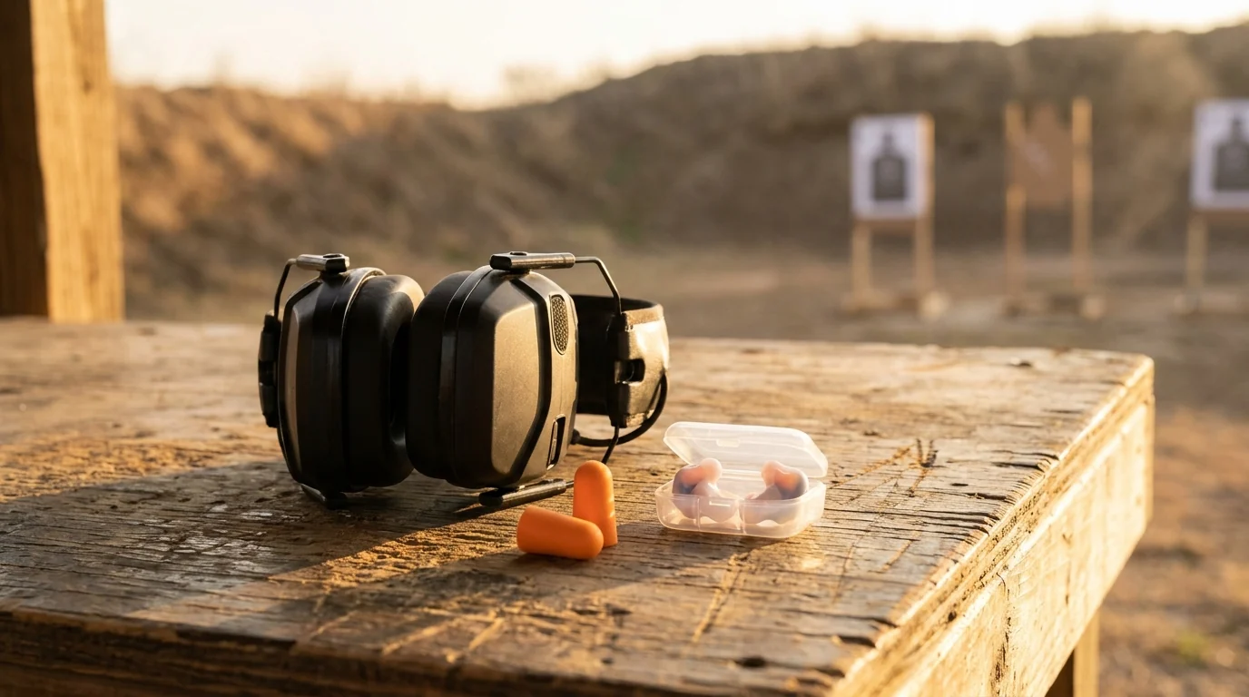 Black electronic earmuffs, orange foam earplugs and a plug case on a weathered wooden bench at an outdoor shooting range