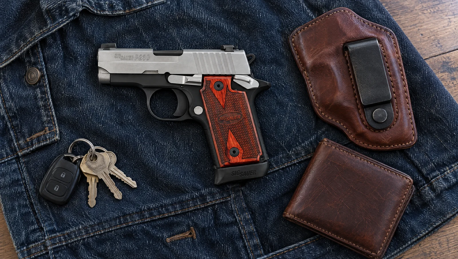 SIG P238 Two-Tone .380 with a stainless slide and red rosewood grips lying on a denim jacket beside a leather holster, keys and a wallet