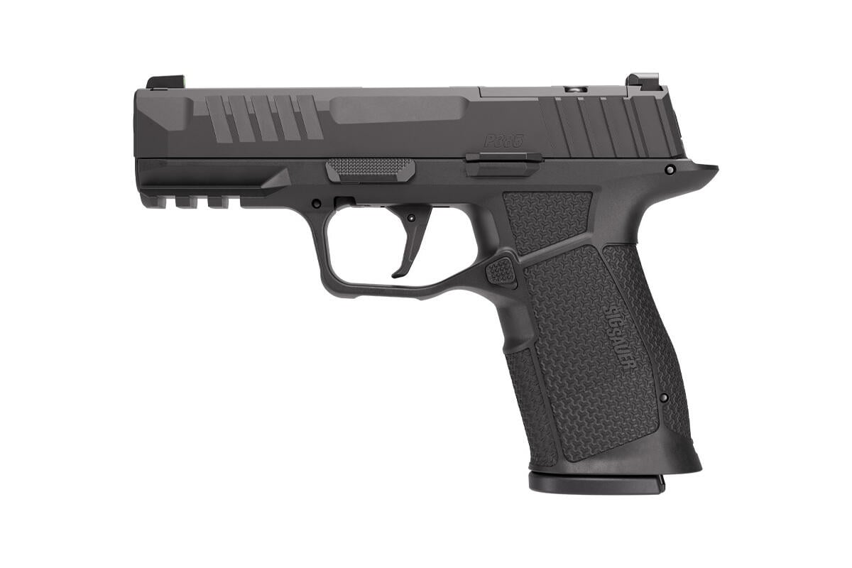 SIG Sauer P385 9mm striker-fired pistol in black, left side, SIG product photo