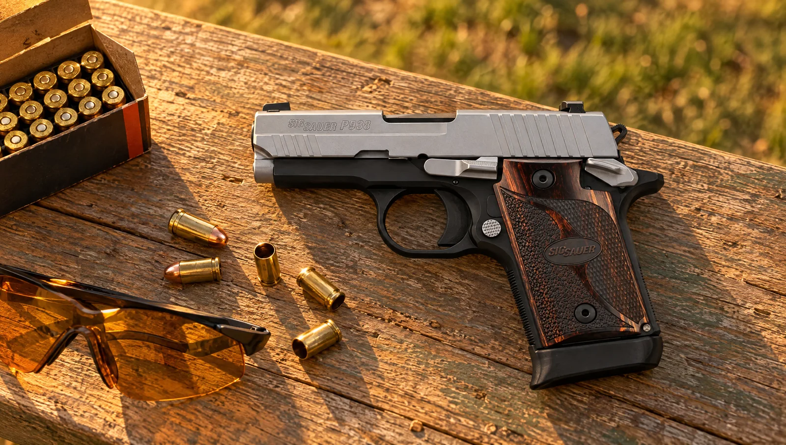 SIG P938 Two-Tone 9mm with a stainless slide and walnut grips on a wooden range bench next to a box of 9mm ammo, empty brass and amber shooting glasses