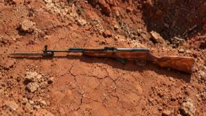 SKS carbine with its bayonet extended on red clay at the rim of a bomb crater