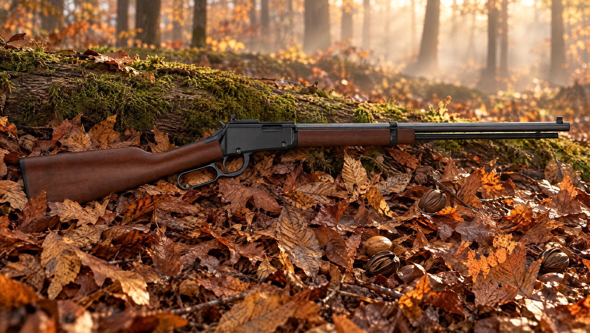 Henry H1 Tracker lever-action .22 rifle with walnut stock lying in fallen oak and hickory leaves in autumn hardwood squirrel woods