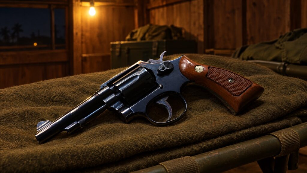 Smith and Wesson Model 10 revolver on a metal cot in an airbase hooch at night