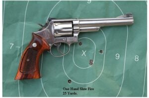 Smith & Wesson Model 19 .357 Magnum classic revolver on a target