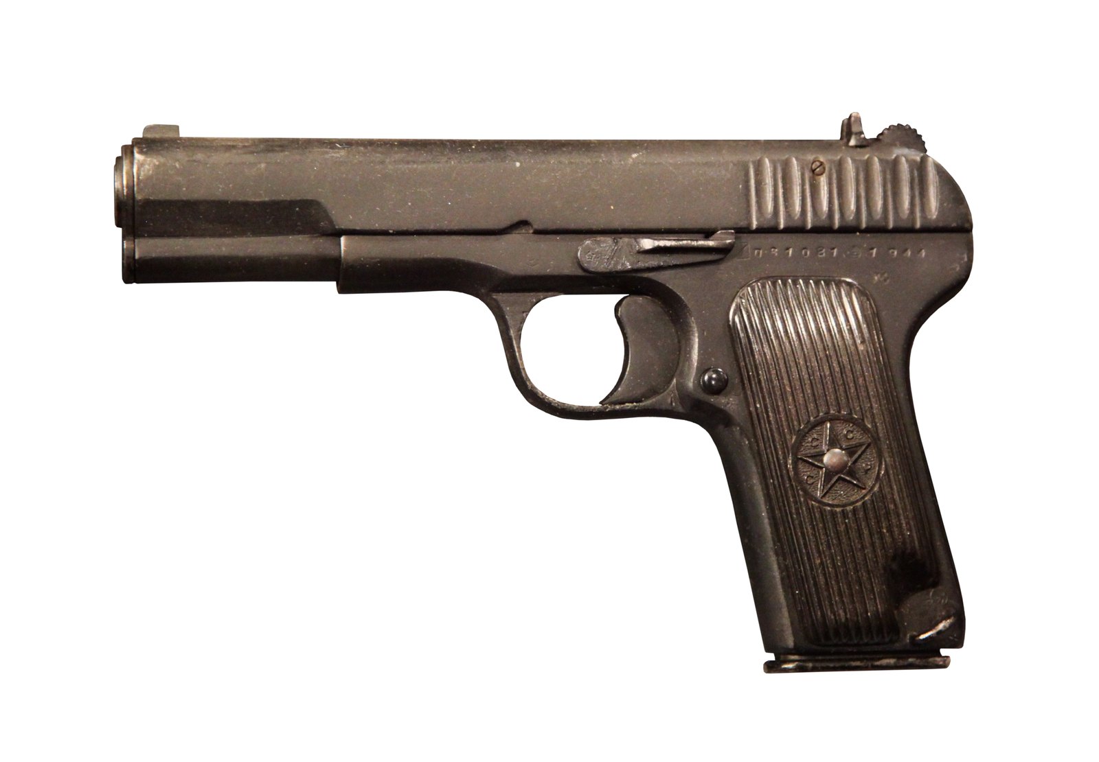 Left side of a 1944-dated Soviet Tokarev TT pistol with star-medallion grips