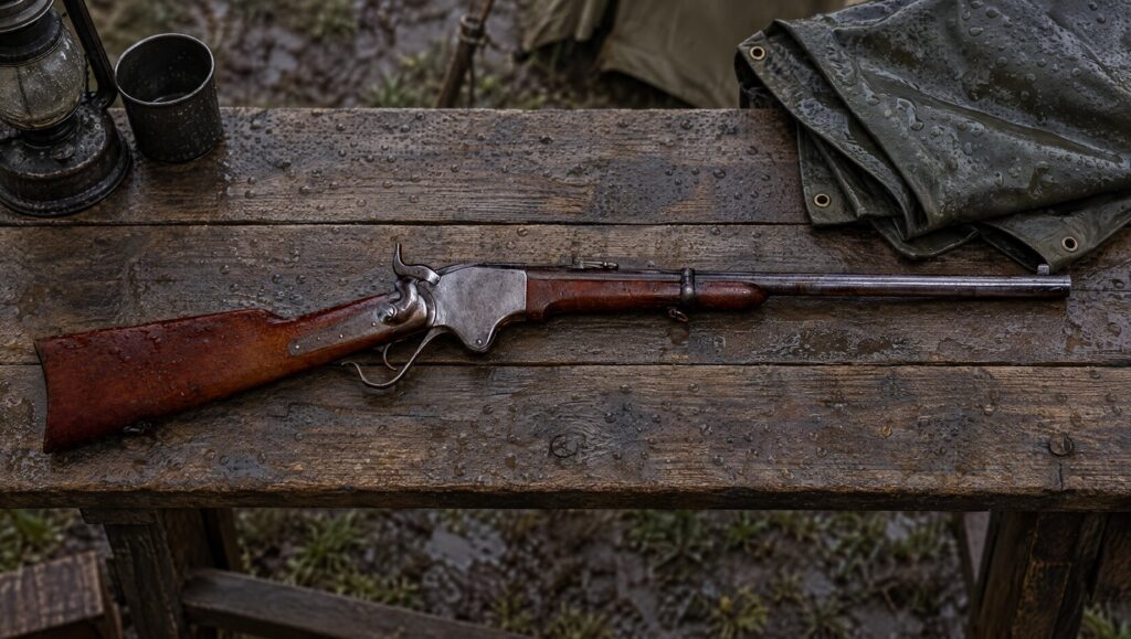 Spencer repeating carbine on a rain-wet plank camp table in a mounted infantry camp