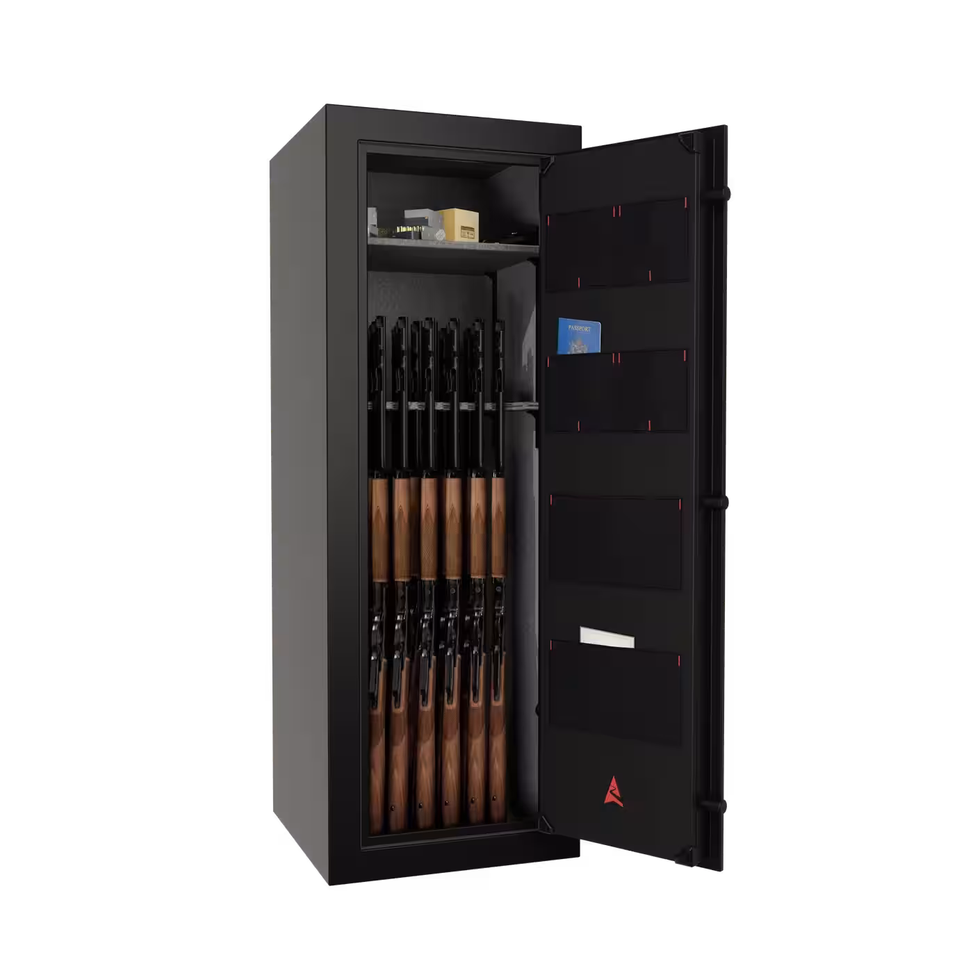Sports Afield Domain 20 gun safe standing open, a narrow fire-rated safe sized for AR-15 rifles
