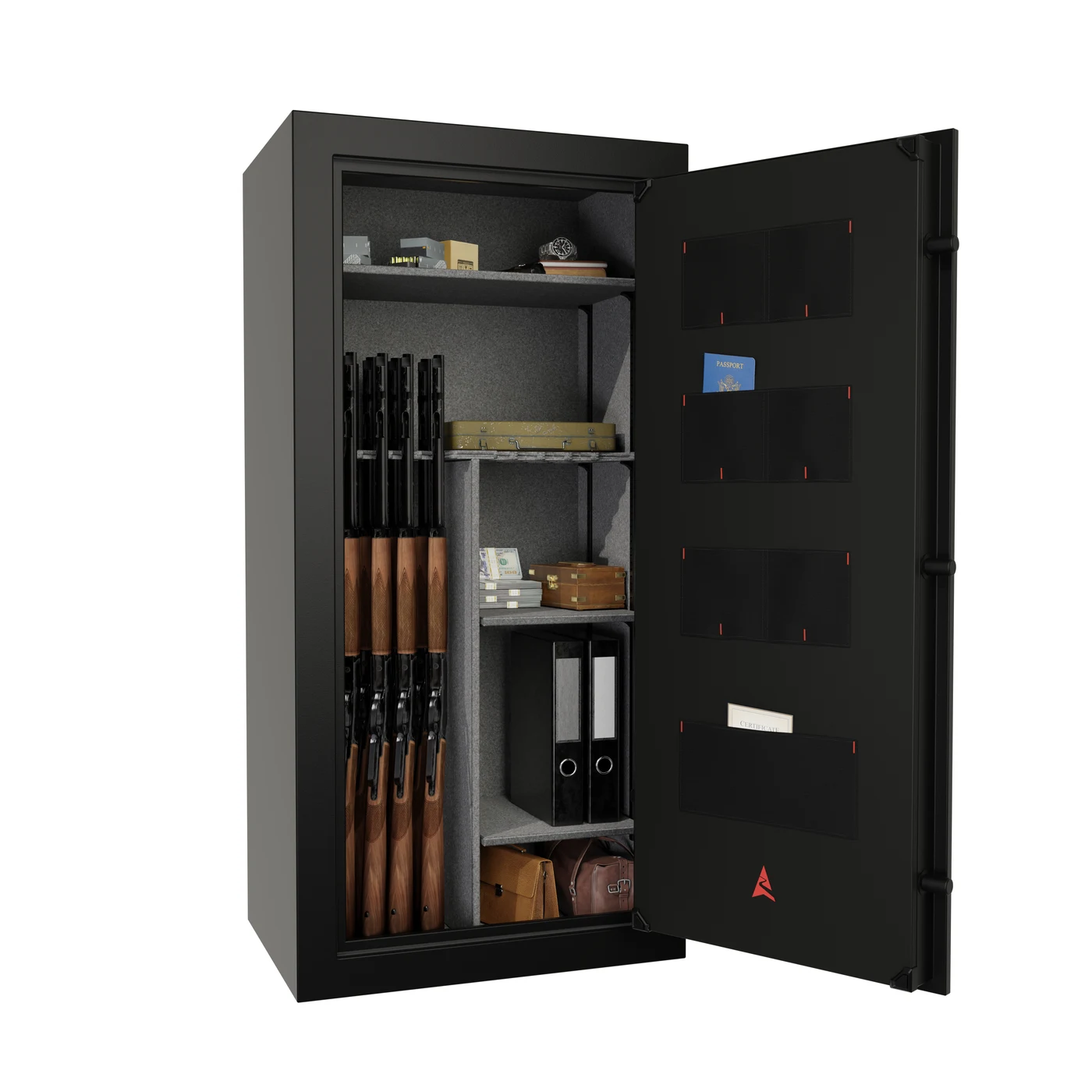 Sports Afield Domain 30 gun safe standing open with long guns racked and the pocket door organizer visible