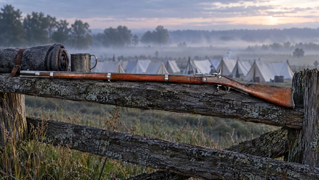 Springfield Model 1861 rifled musket on a split-rail fence at a Union army camp at dawn