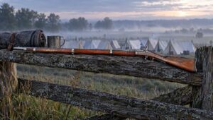 Springfield Model 1861 rifled musket on a split-rail fence at a Union army camp at dawn