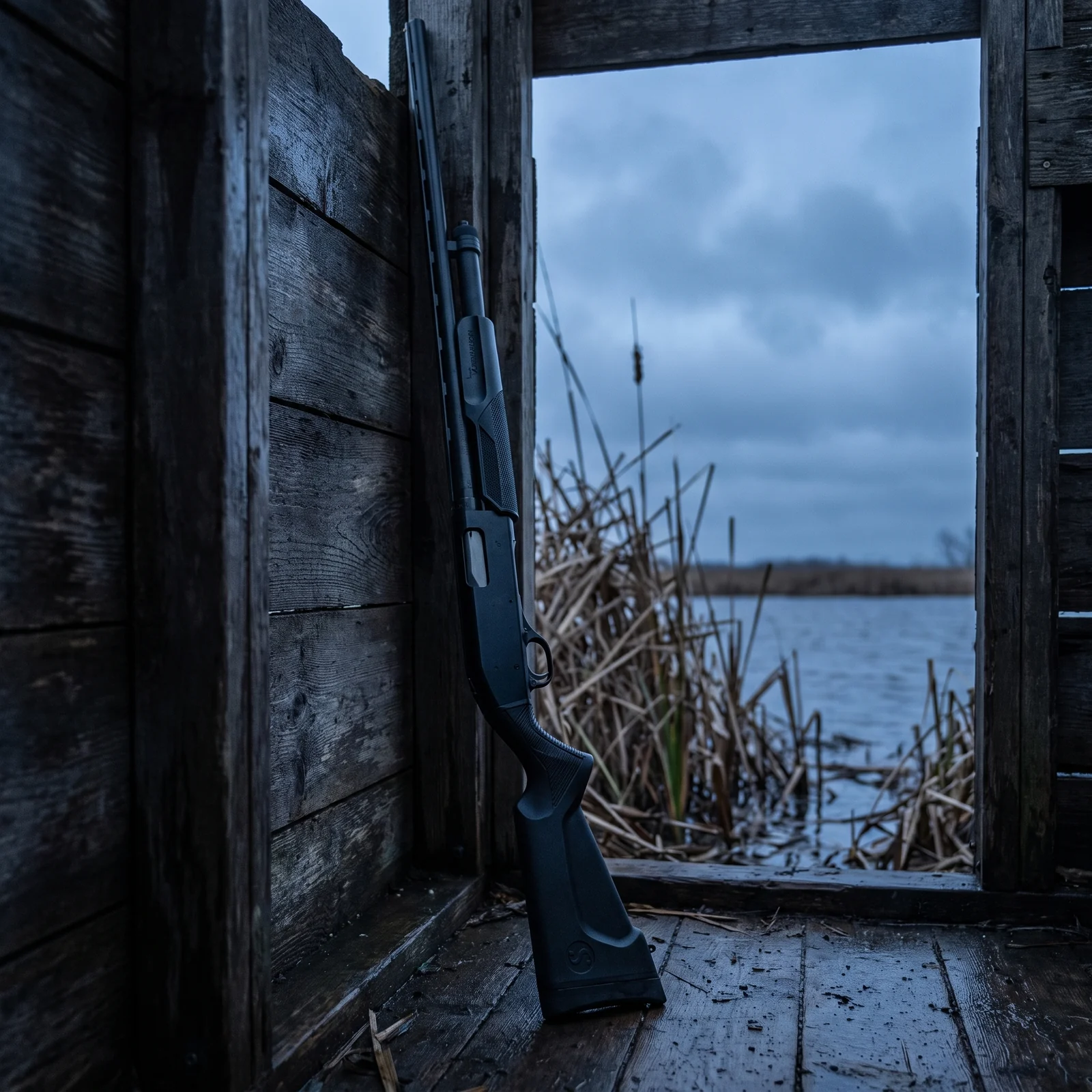 Stevens 320 Field Grade pump action shotgun standing upright against the plank wall of a duck blind at cold blue dawn with marsh reeds and grey water beyond