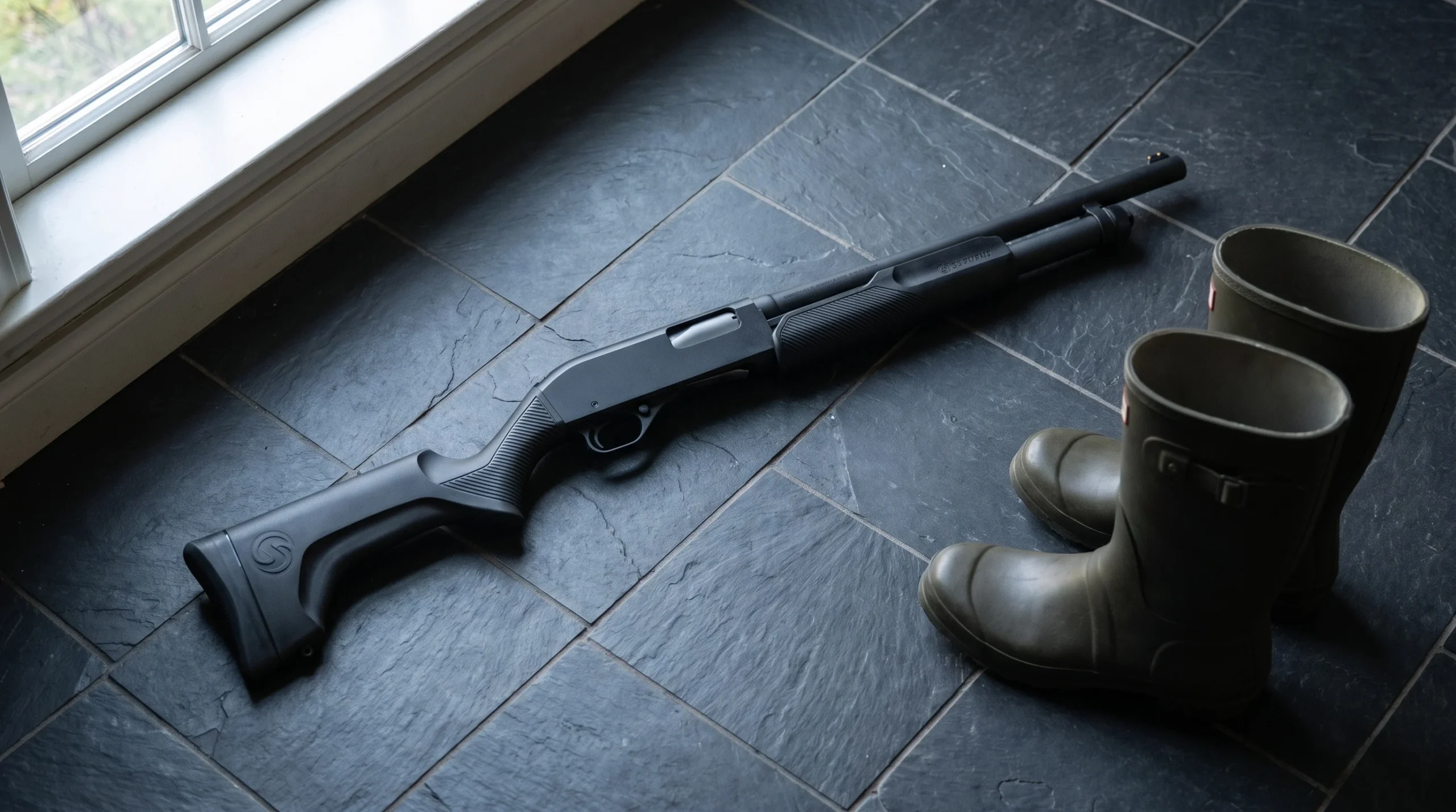 Stevens 320 on a charcoal slate tile mudroom floor beside a pair of rubber boots under cool daylight from a side window