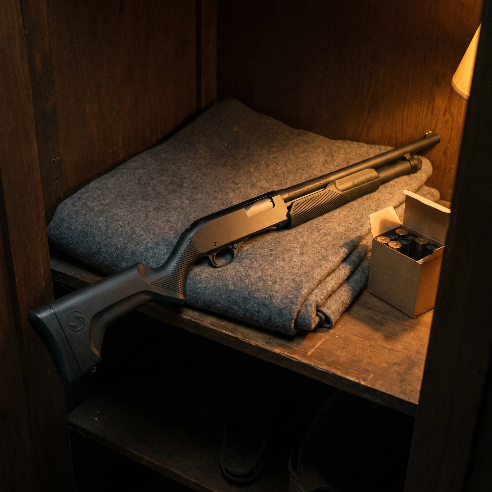 Stevens 320 Security pump action shotgun with black synthetic stock lying on a folded blanket on a wooden closet shelf beside a box of shells under warm lamplight at night