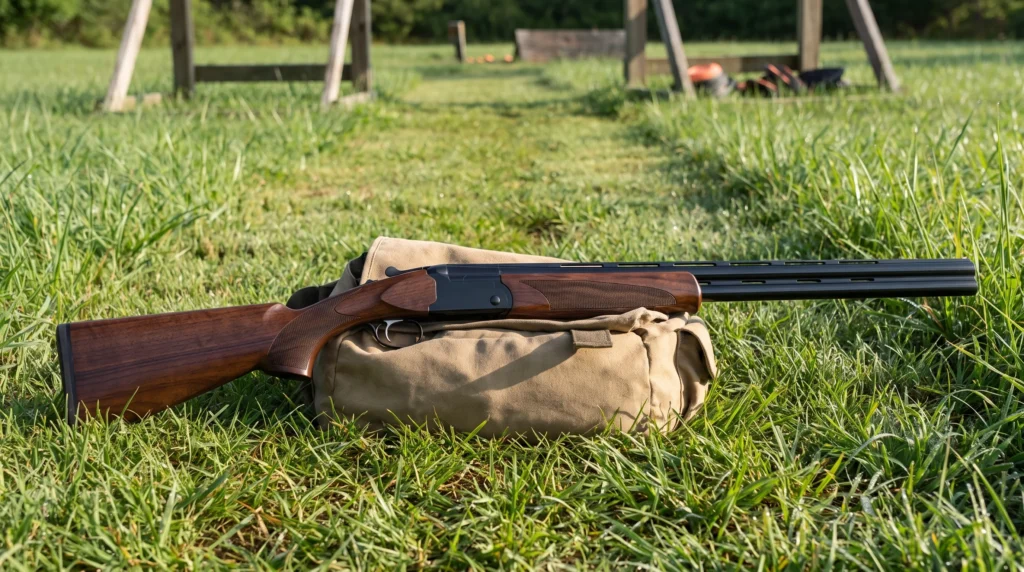 Stevens 555 over under shotgun on a canvas shell bag