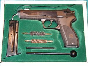 Steyr GB 9mm pistol in its factory case with magazine and cleaning tools