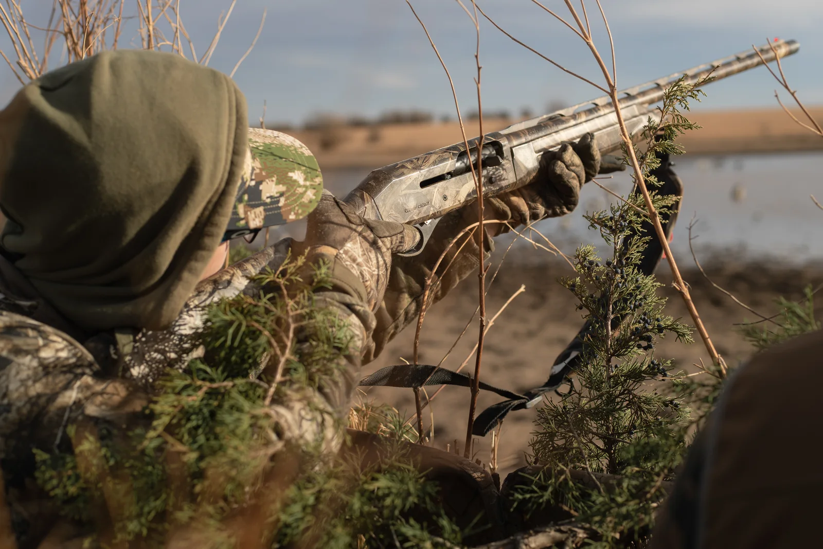 Hunter in camouflage aiming a camo Stoeger M3000 shotgun from a brushy duck blind beside a marsh