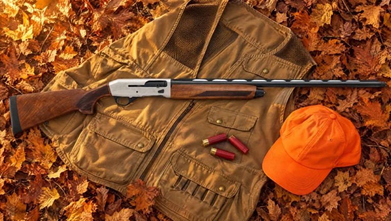 Stoeger M3000 review: the Signature 12 gauge semi-auto shotgun with satin walnut stock and engraved nickel receiver lying on a tan hunting vest on autumn leaves beside red shotshells and an orange cap