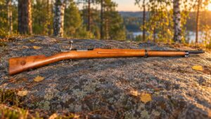 Swedish Mauser m/96 rifle lying on a granite boulder in a birch forest
