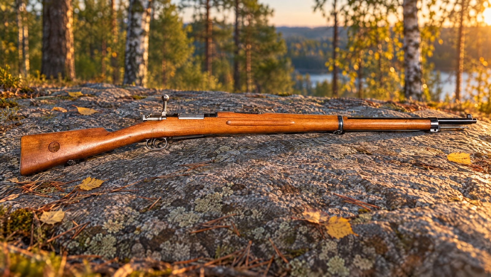 Swedish Mauser m/96 rifle in 6.5x55mm lying on a granite boulder at the edge of a pine and birch forest at sunset