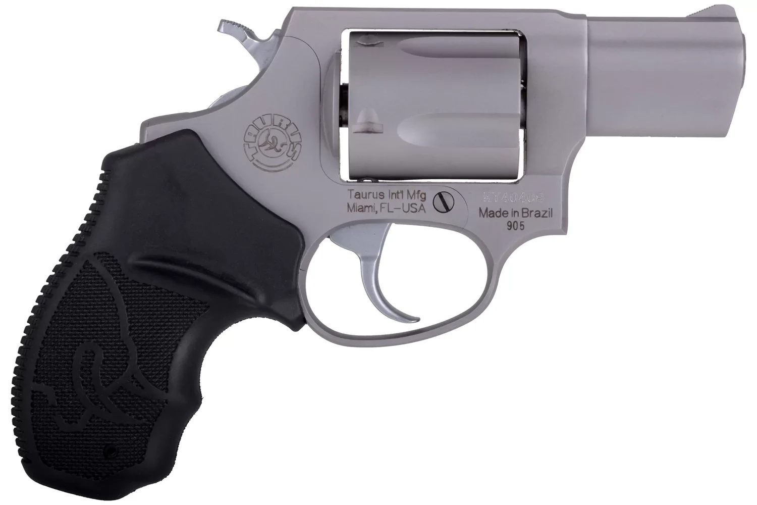 Right side of the stainless Taurus 905 2-905029 showing the Taurus Intl Mfg Miami FL USA, Made in Brazil and 905 frame stamps, Taurus studio photo