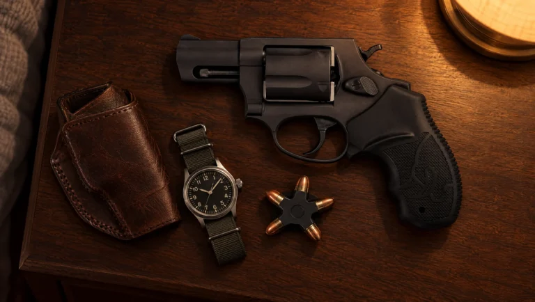 Matte black Taurus 905 9mm snub-nose revolver lying on a walnut nightstand beside a leather holster, a wristwatch and a loaded Stellar Clip of 9mm rounds