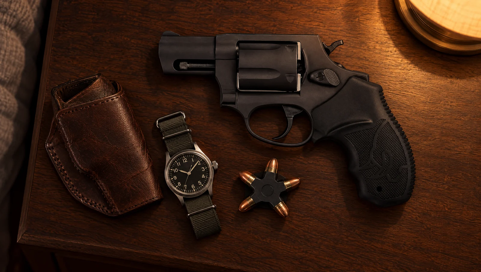 Matte black Taurus 905 9mm snub-nose revolver lying on a walnut nightstand beside a leather holster, a wristwatch and a loaded Stellar Clip of 9mm rounds