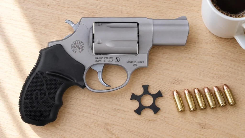 Right side of a stainless Taurus 905 9mm revolver stamped Made in Brazil 905, lying on an oak table next to an empty Stellar moon clip and loose 9mm cartridges