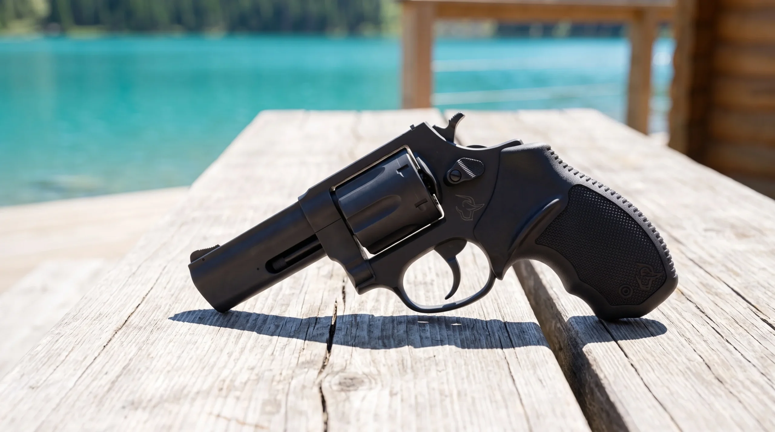 Taurus 942 on a sun bleached wooden picnic table at a lake cabin on a bright summer midday with turquoise water blurred behind