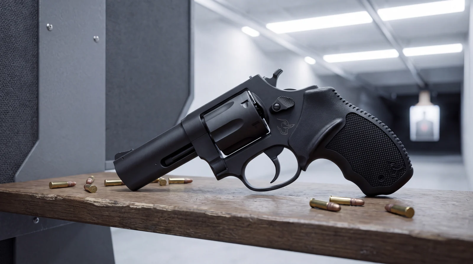 Taurus 942 eight shot .22 revolver on the shelf of an indoor range lane with rimfire cartridges beside it