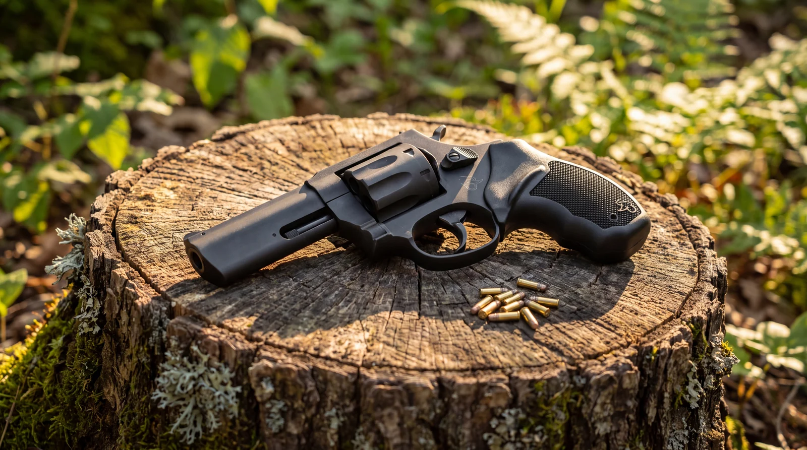 Taurus 942 .22 revolver on a weathered tree stump in green summer woodland with spent rimfire cases