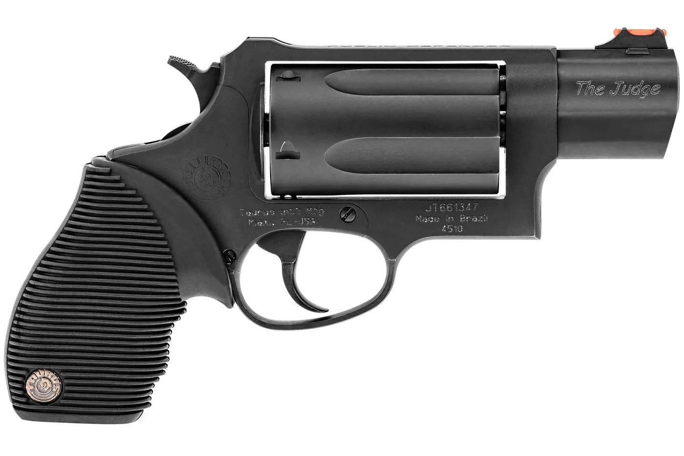 Taurus Judge Public Defender 2-441031TC in matte black oxide steel, right side with The Judge on the barrel