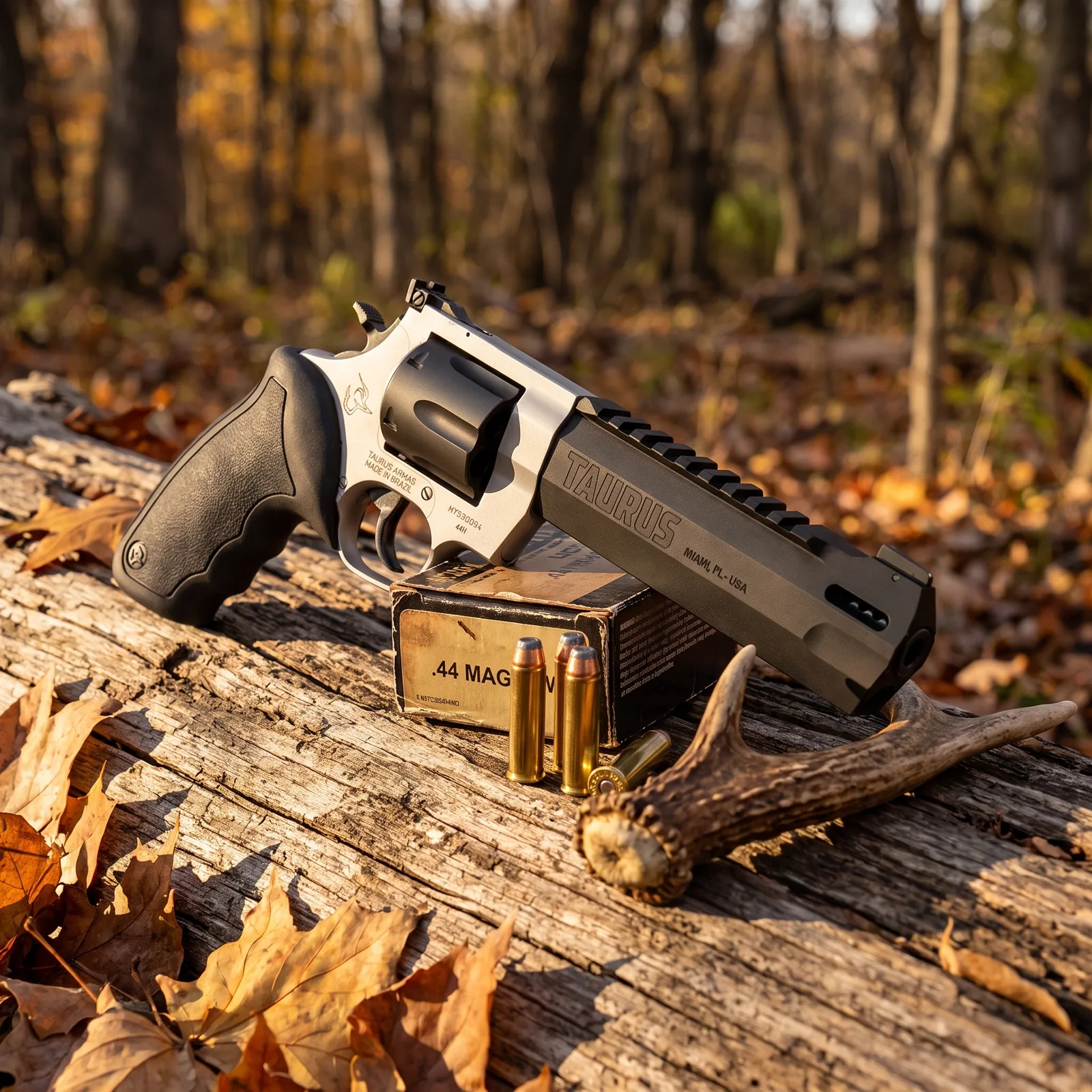 Taurus Raging Hunter .44 Magnum revolver on a fallen log with .44 Magnum ammunition and a shed antler