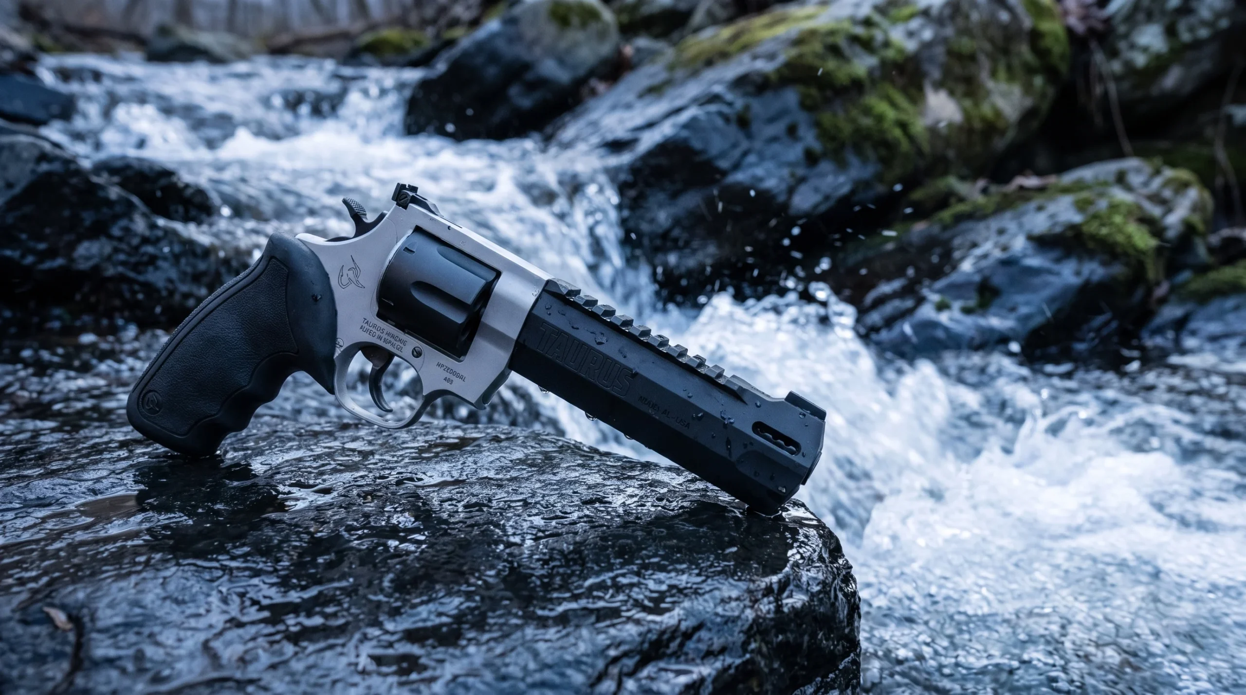 Taurus Raging Hunter on wet black basalt rock beside a rushing mountain stream