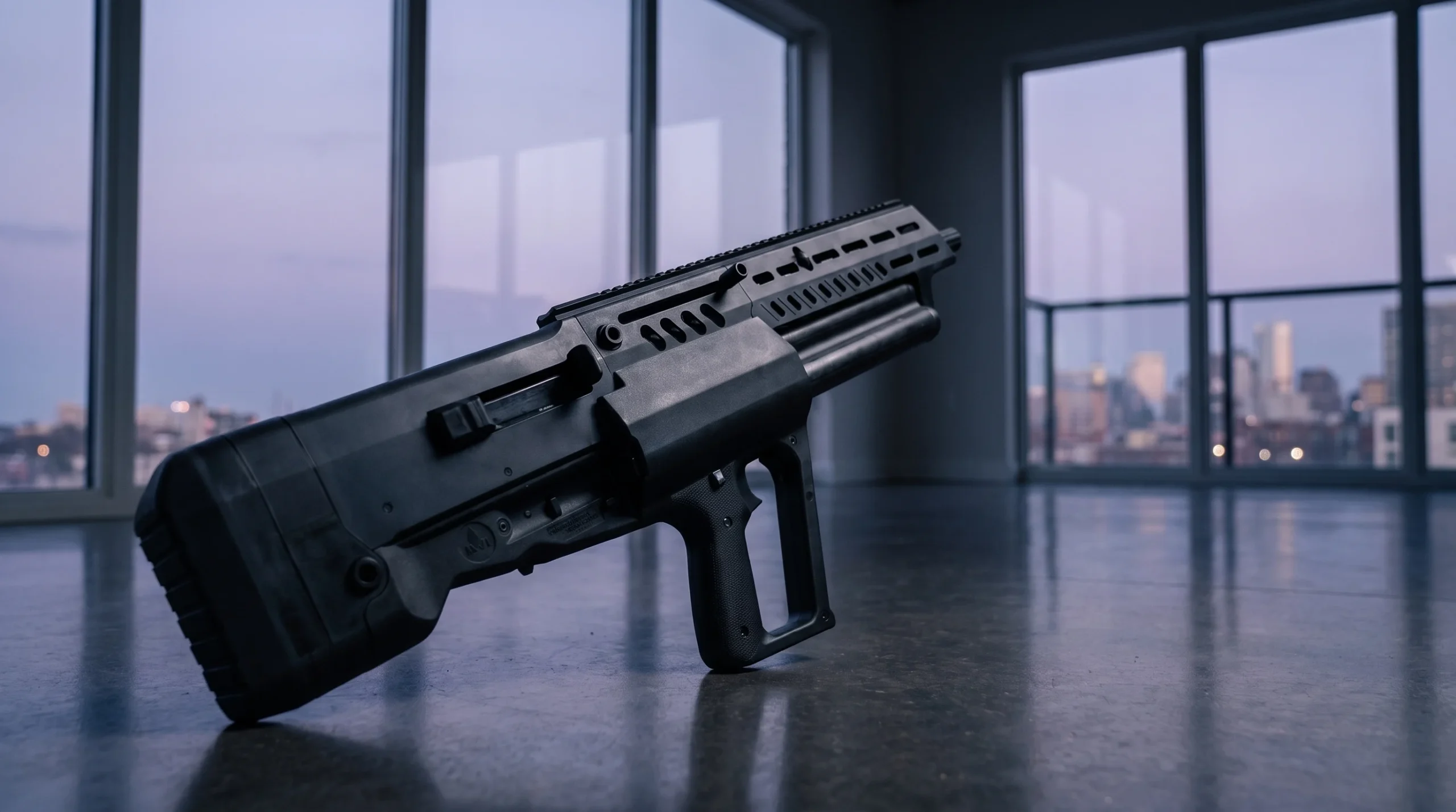 IWI Tavor TS12 shotgun on a polished dark concrete floor in a modern minimalist living room with floor to ceiling windows at dusk