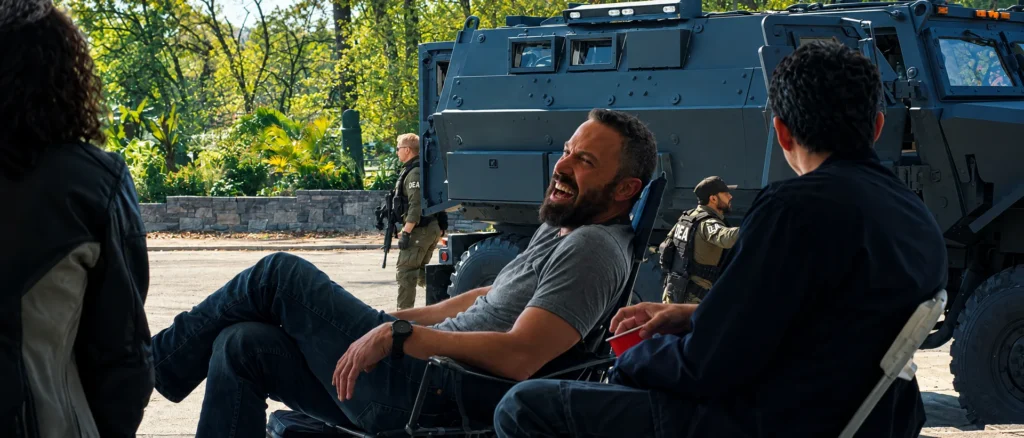 DEA agents carrying M4A1 carbines beside the armored truck while J.D. Byrne laughs in The Rip