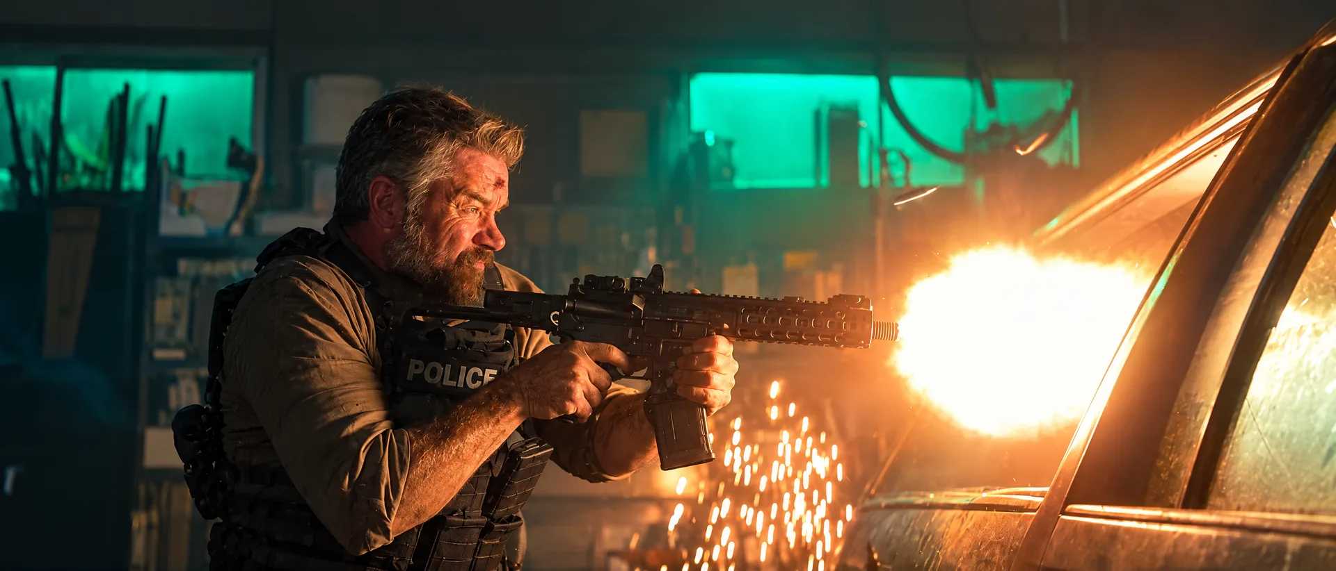 The Rip guns: Lt. Dane Dumars firing his Troy M7A1 carbine, remastered film still